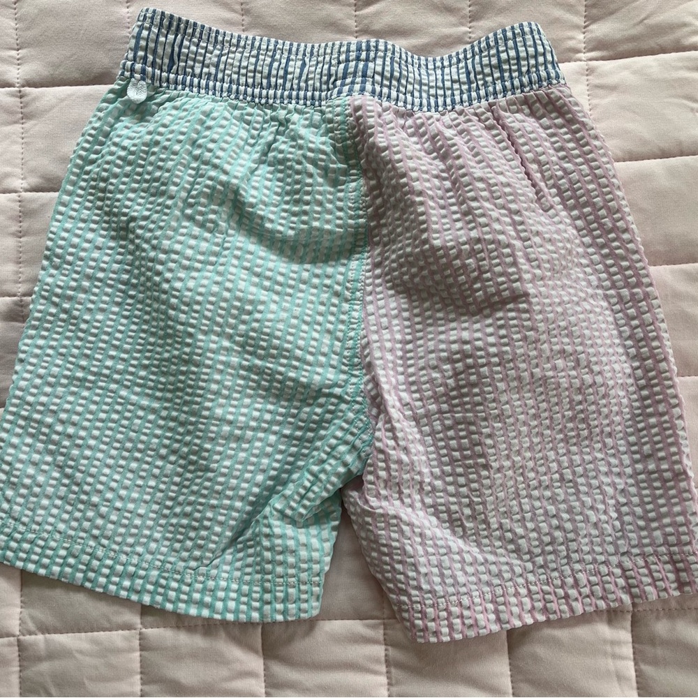 J.Crew Crewcuts Boys’ Seersucker Pink Blue Turquoise Stripes Swim Trunks Size 10 - Picture 2 of 13